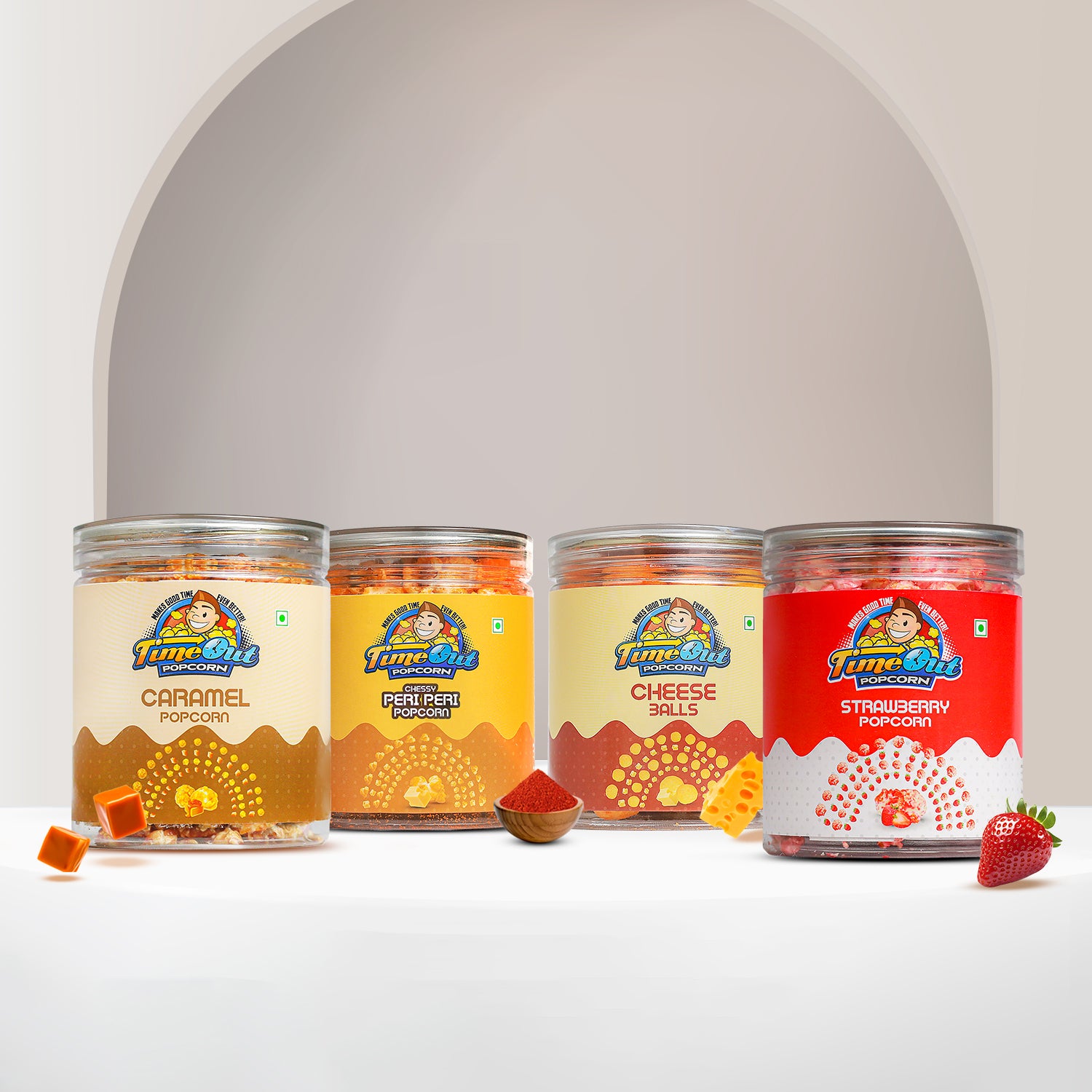 Caramel, Strawberry, Cheesy Peri Peri Popcorn & Cheese Balls (Pack of 4)