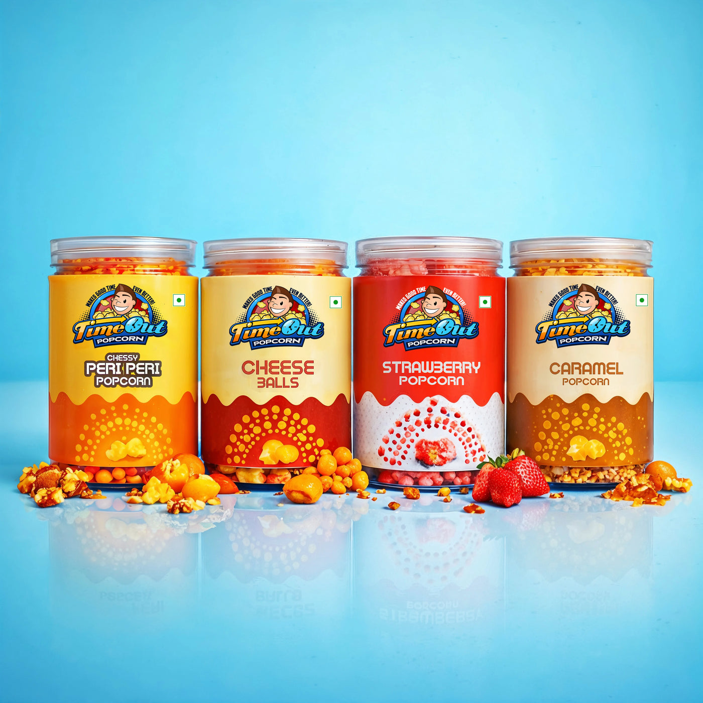 Caramel, Strawberry, Cheesy Peri Peri Popcorn & Cheese Balls (Pack of 4)